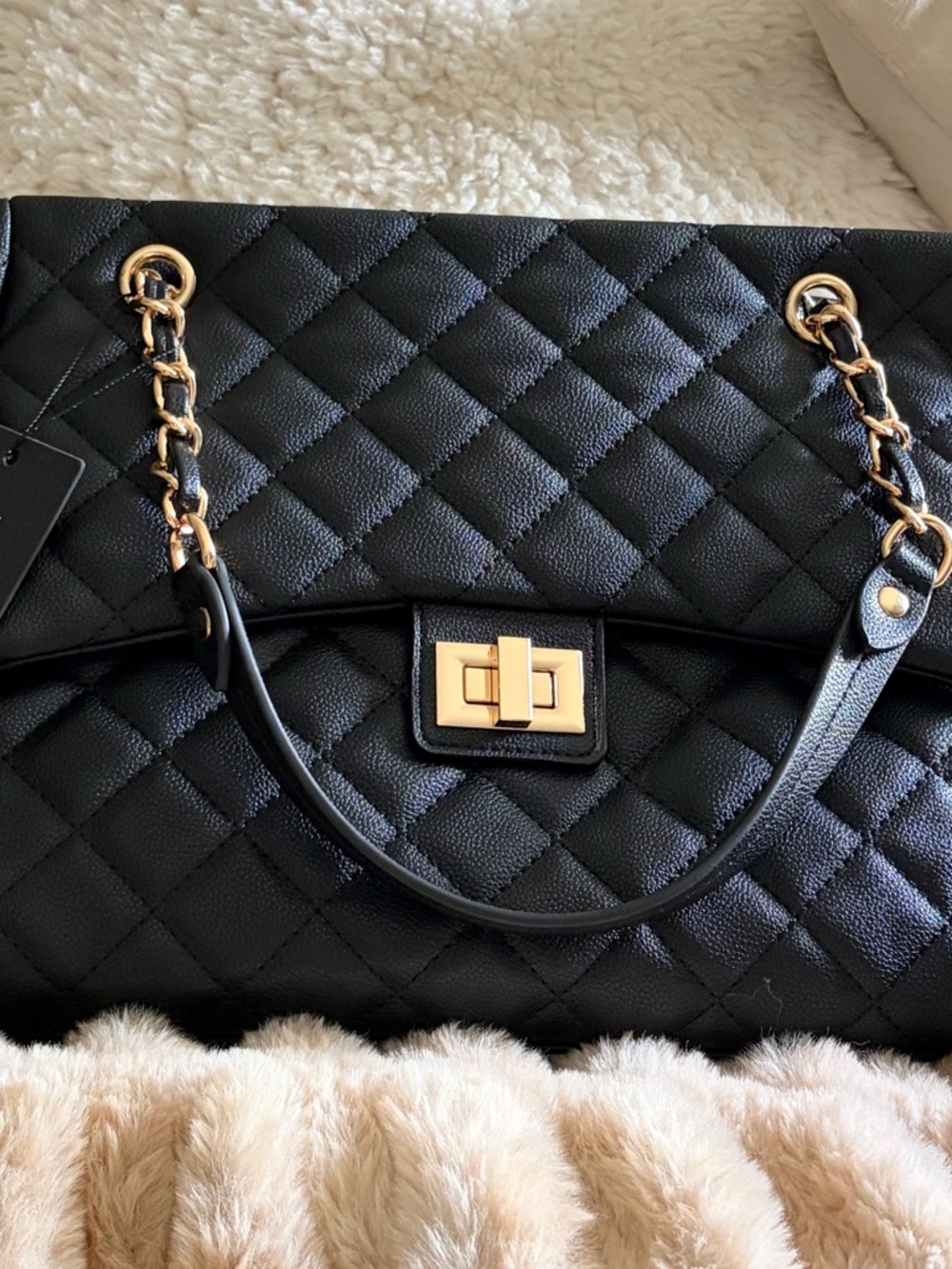 Ello Black Quilted Chain-Handle Shoulder Bag with Gold Hardware